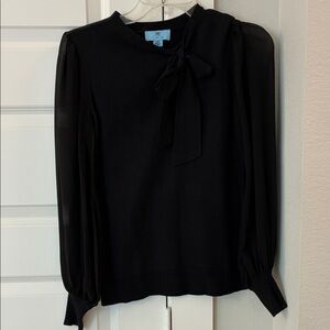 CeCe Black Bow-Tie Long Sleeve Sweater with Sheer Sleeves